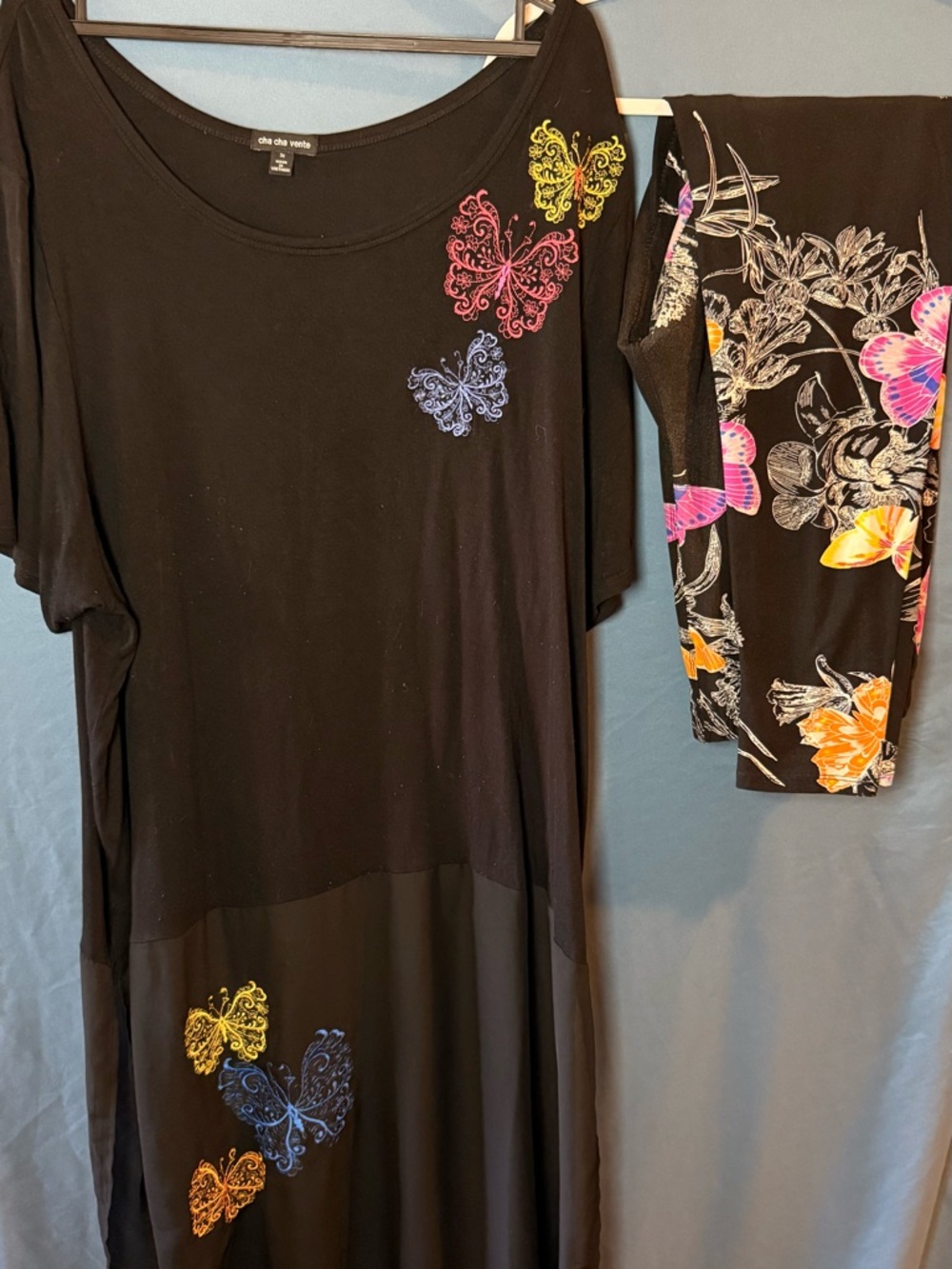 Cha Cha Vente Black Two-Piece with Multicolor Butterfly Pants & Side Slits